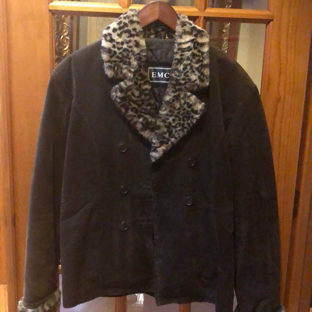 Leather jacket with leopard print accents